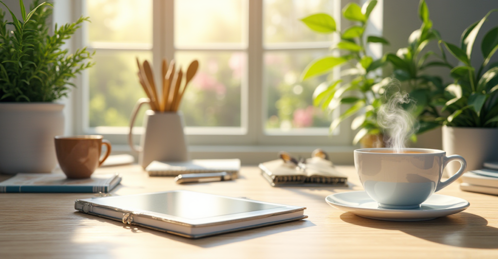 Image of essential tools for a productive morning routine, including planners, coffee, and fitness gear.