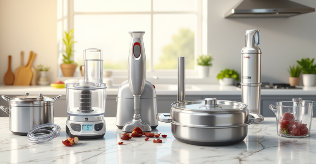 Seven essential kitchen gadgets displayed together, showcasing tools that simplify daily cooking tasks.