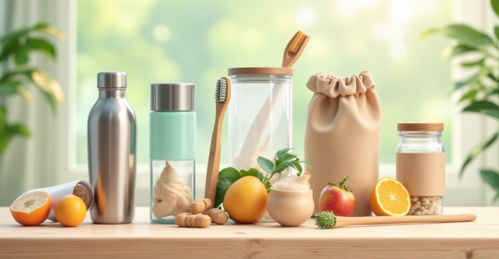 Graphic showcasing 6 top reusable items that promote sustainability and save money, emphasizing eco-friendly choices.