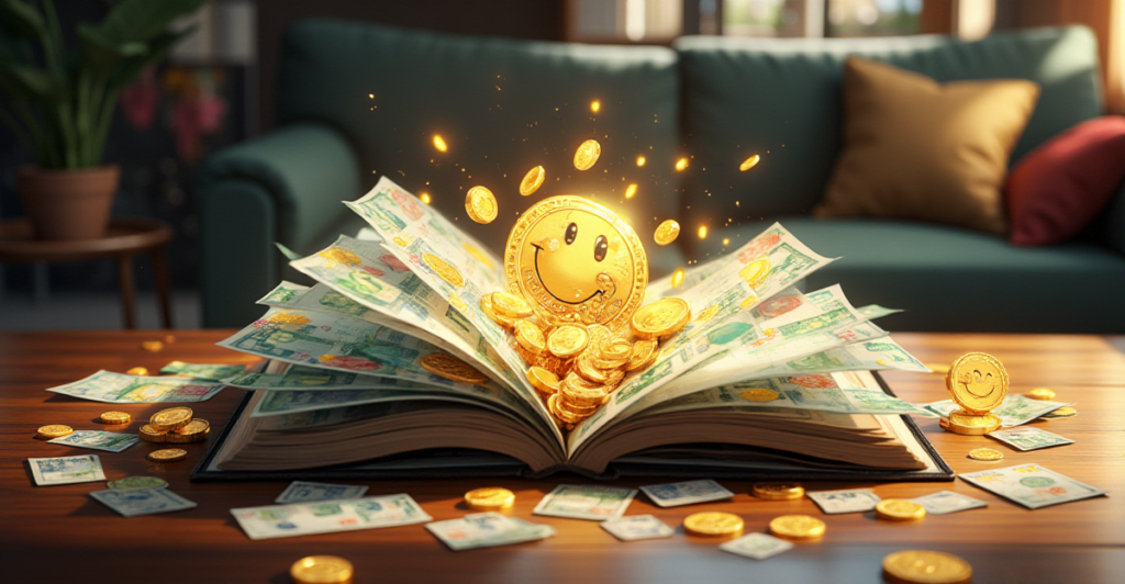 Illustration depicting 9 unexpected lessons linking money and happiness in a visually engaging way.