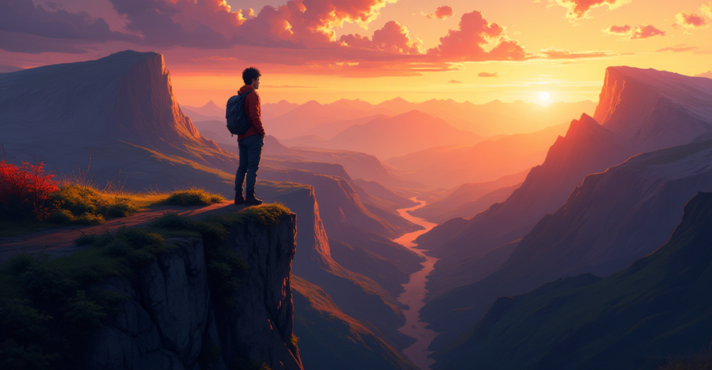 A person standing at the edge of a cliff, looking out over a vast landscape, symbolizing courage and personal growth.