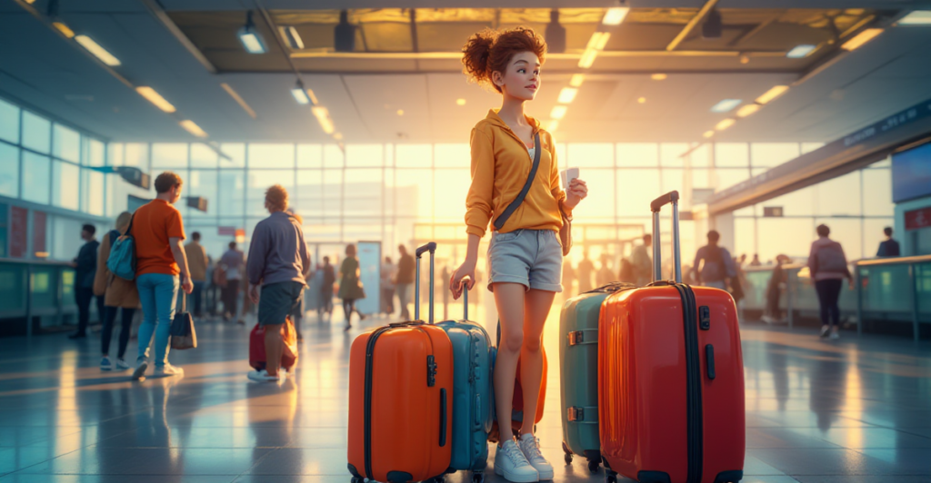 A person stands with a suitcase in front of a world map, reflecting on their journey of moving abroad and adapting to a new country.