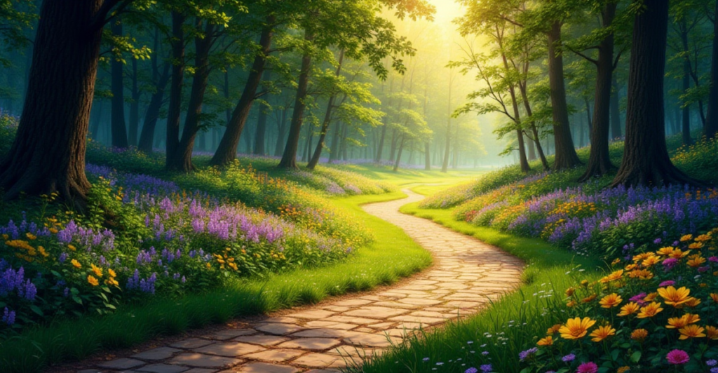 A winding path through a serene landscape, symbolizing the difficult yet beautiful journey toward forgiveness.