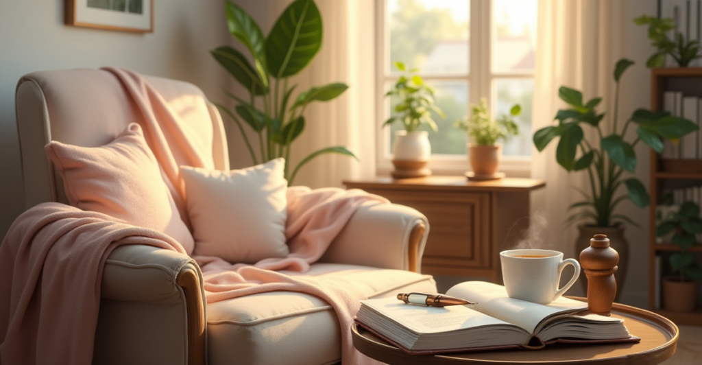 An individual sitting peacefully in a cozy room, reflecting on self-love and the lessons learned from living alone.