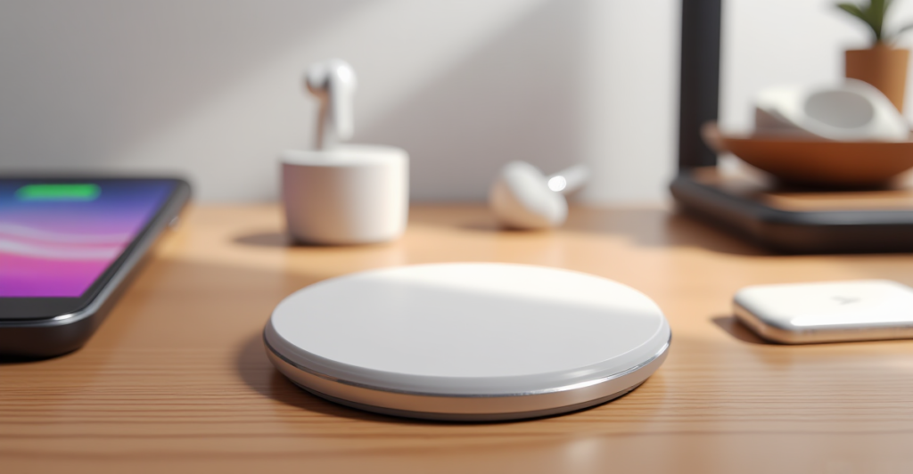 Close-up of an affordable wireless charger showcasing its sleek design and features on a modern desk setup.