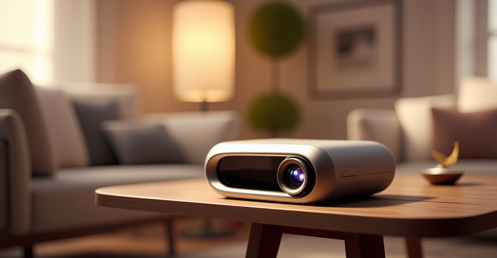 A compact portable projector showcased in a cozy setting, demonstrating its convenience and versatility for immersive experiences.